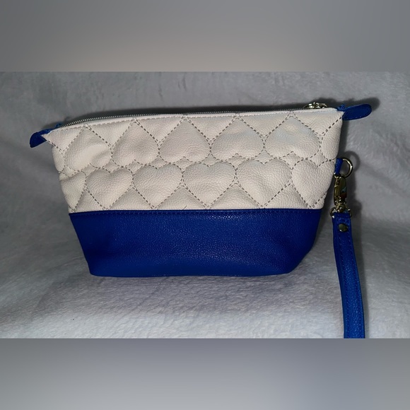 Betsey Johnson Pouch in Blue & White w/ Stitched Heart Design & Cherry C… - Picture 2 of 7